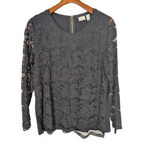 CHICOS Black Lace Blouse Size 2 (M)Lined Body Sheer Sleeves Stretch Scoop Neck
